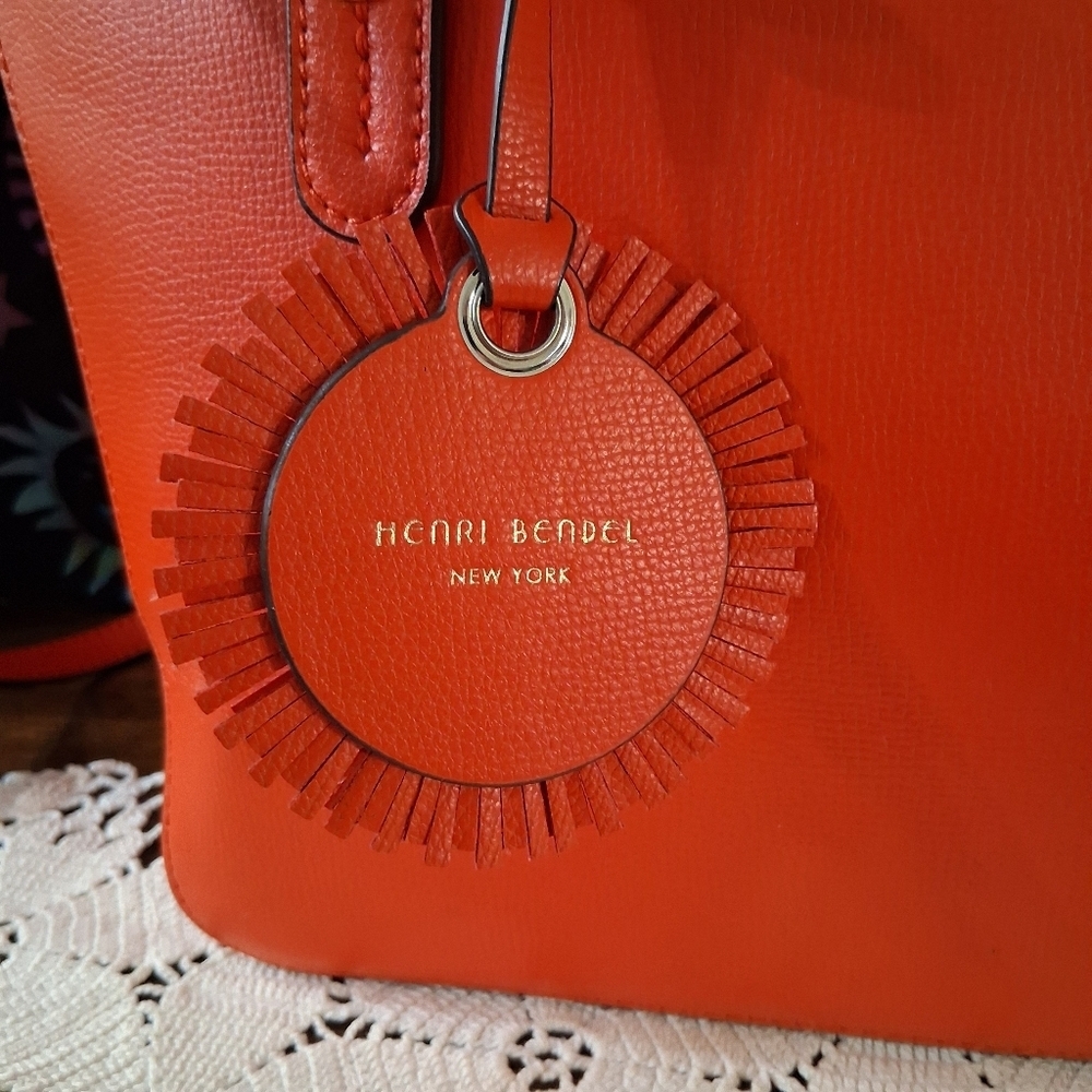Henri Bendel Shoulder Bag Leather Sunburst Orange Red Satchel Handbag  Strap - Picture 6 of 17